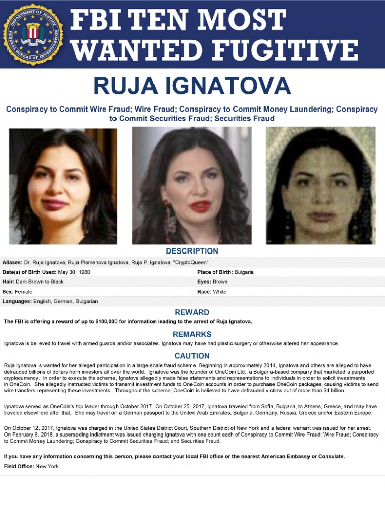 L'avis de recherche émis par le FBI à l'enconte de Ruja Ignatova, le 30 juin 2022. ( FBI / HANDOUT )