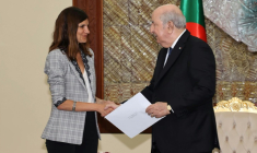 Photo prise sur la page Facebook de la présidence algérienne montrant le président algérien, Abdelmadjid Tebboune (D), serrer la main à la ministre française déléguée aux Armées, Alice Rufo, à Alger, le 9 mai 2026 ( ALGERIAN PRESIDENCY FACEBOOK PAGE / - )