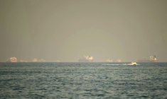 Des cargos et des pétroliers sont visibles au large de la ville de Fujaïrah, dans le détroit d'Ormuz, dans le nord des Émirats, le 25 février 2026. ( AFP / Giuseppe CACACE )