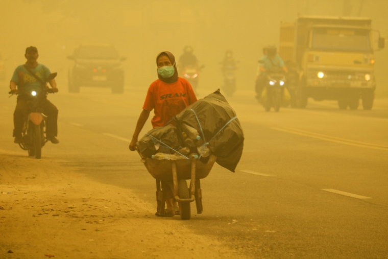 Des habitants au milieu des fumées toxiques issues des incendies à Palangkaraya,en Indonésie le 25 octobre 2026 ( AFP / REINA )