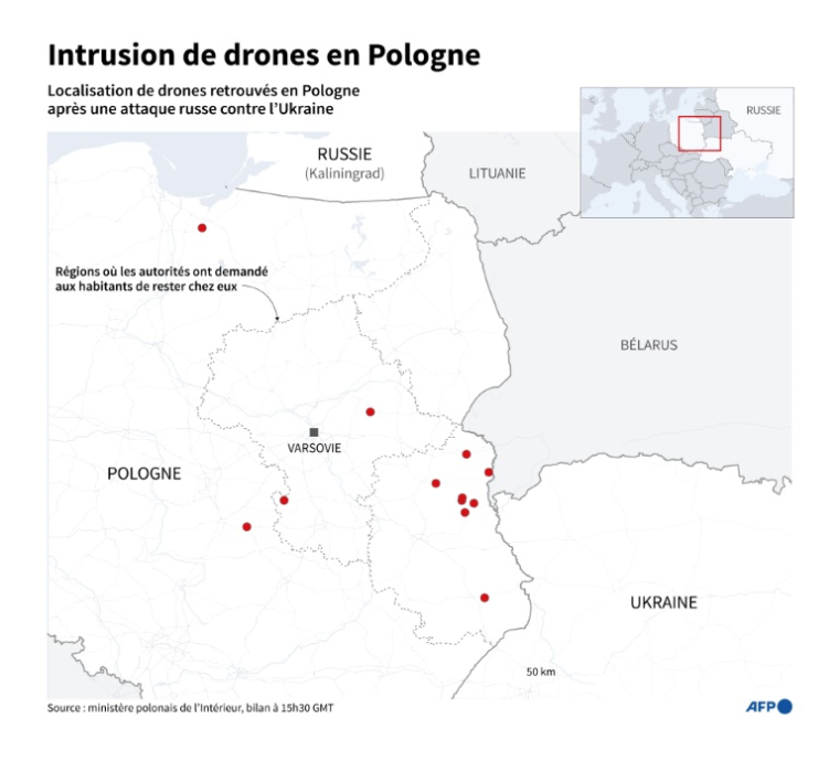 Carte localisant les drones retrouvés en Pologne après une attaque russe contre l'Ukraine ( AFP / Sylvie HUSSON )