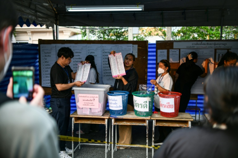 Des personnes regardent le dépouillement des votes des élections thaïlandaises dans un bureau de vote à Bangkok, le 8 février 2026 ( AFP / Amaury PAUL )