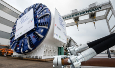 L'un des tunneliers construits par le groupe allemand Herrenknecht pour le Grand Paris Express, le 20 mai 2019 à à Schwanau, en Allemagne ( AFP / PATRICK HERTZOG )