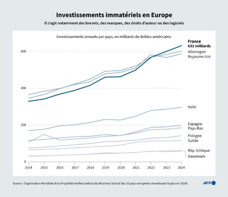 Evolution de l'investissement dans les actifs incorporels des dix pays européens ayant investi le plus en 2024, en milliards de dollars américains ( AFP / Pauline PAILLASSA )