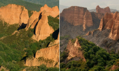 Cette combinaison d'images créee le 11 août 2025 montre le site de Las Médulas, anciennes mines romaines classée par l'Unesco, dans la municipalité de Carucedo, le 4 septembre 2024 (à gauche) et le même endroit photographié le 11 août 2025 (à droite) après qu'un incendie ait ravagé la région. ( AFP / CESAR MANSO )