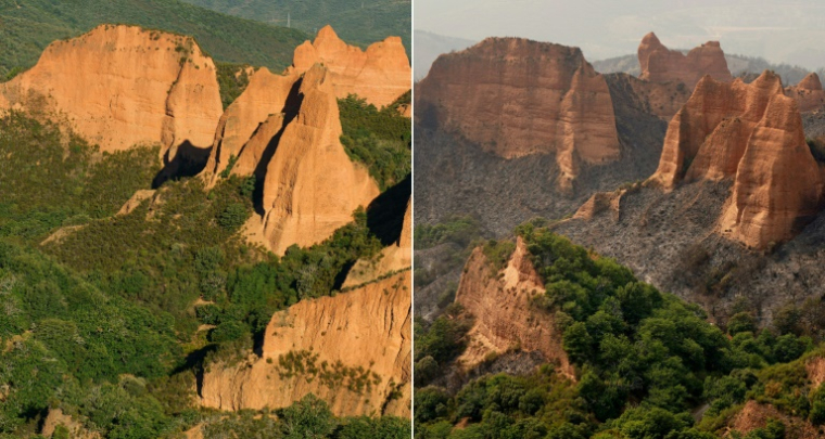 Cette combinaison d'images créee le 11 août 2025 montre le site de Las Médulas, anciennes mines romaines classée par l'Unesco, dans la municipalité de Carucedo, le 4 septembre 2024 (à gauche) et le même endroit photographié le 11 août 2025 (à droite) après qu'un incendie ait ravagé la région. ( AFP / CESAR MANSO )