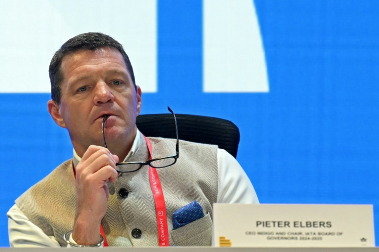 Pieter Elbers, PDG de la compagnie indienne Indigo, à New Dehli le 2 juin 2025 lors de l'assemblée générale de l'Iata dont il est cette année président du conseil des gouverneurs ( AFP / Money SHARMA )