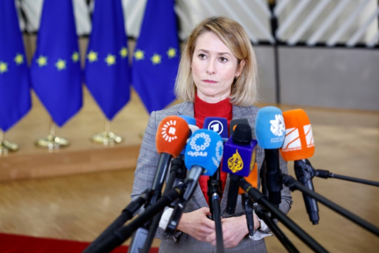 La cheffe de la diplomatie de l'Union européenne,  Kaja Kallas, devant la presse à Bruxelles, le 29 janvier 2026 ( AFP / SIMON WOHLFAHRT )