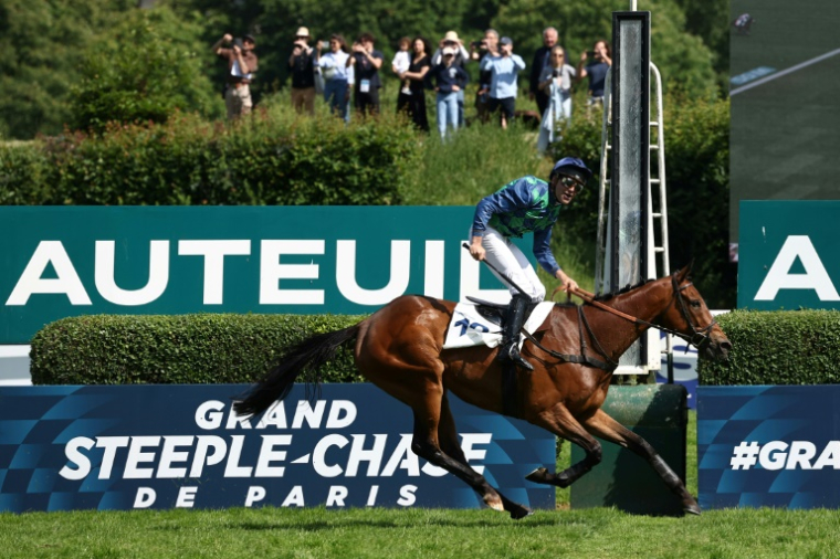 Le jockey français Clément Lefebvre sur "Diamond Carl" franchit la ligne d'arrivée pour remporter la 147e édition du Grand Steeple-Chase de Paris, à l'Hippodrome d'Auteuil à Paris, le 18 mai 2025 ( AFP / Anne-Christine POUJOULAT )