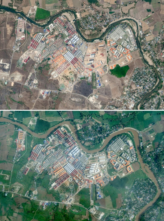 Photo créée à partir des images satellites fournies par Planet Labs PBC et reçues le 30 septembre 2025 qui montre le complexe KK Park à Myawaddy en Birmanie face au district de Mae Sot en Thaïlande, le 2 mars 2025 (en haut) et le 18 septembre 2025 (en bas) ( 2025 Planet Labs PBC / Handout )