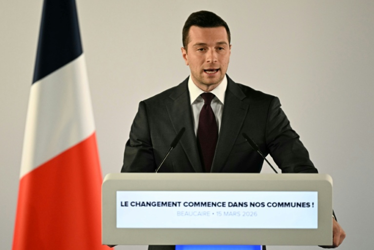 Le président du Rassemblement national Jordan Bardella, le 15 mars 2026 à Beaucaire, dans le Gard    ( AFP / Gabriel BOUYS )