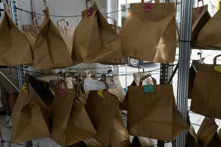 Des sac en papier contenant des mouches méditeranéennes des fruits à Naoussa, dans le nord de la Grèce, le 1er septembre 2025 ( AFP / Sakis Mitrolidis )