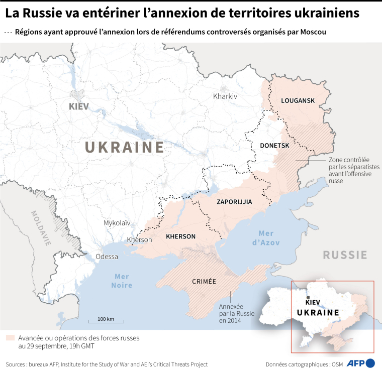 Carte d'Ukraine montrant les régions dans lesquelles Moscou a organisé des référendums controversés du 23 au 27 septembre et dans lesquelles l'annexion a été approuvée ( AFP / )