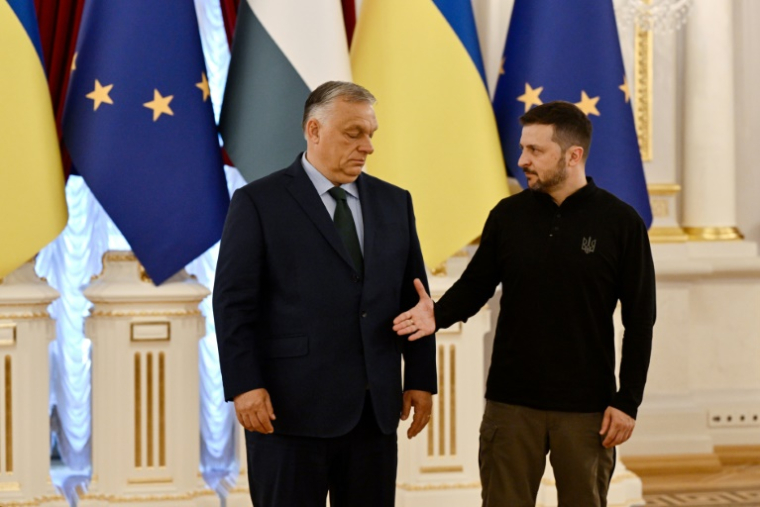 Le Premier ministre hongrois Viktor Orban et le président ukrainien Volodymyr Zelensky, à Kiev, le 2 juillet 2024 ( AFP / Genya SAVILOV )
