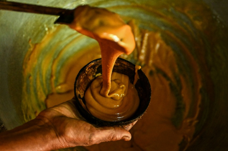 Sarath Ananda, un récolteur de sève de kithul, prépare du sucre de plame, dans le village d'Ambegoda, le 26 janvier 2026 au Sri Lanka ( AFP / Ishara S. KODIKARA )