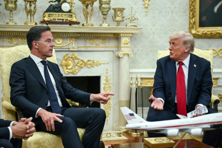 Le président américain Donald Trump et le secrétaire général de l'Otan Mark Rutte dans le Bureau ovale de la Maison Blanche, à Washington, le 14 juillet 2025 ( AFP / ANDREW CABALLERO-REYNOLDS )