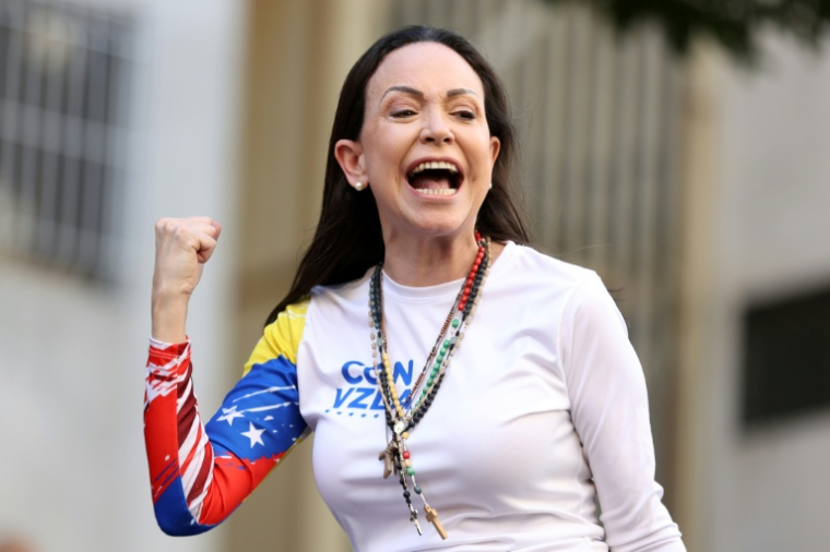 Photo d'archive de la dirigeante de l'opposition vénézuélienne, Maria Corina Machado, lors d'une manifestation à Caracas, le 9 janvier 2025 ( AFP / Pedro MATTEY )