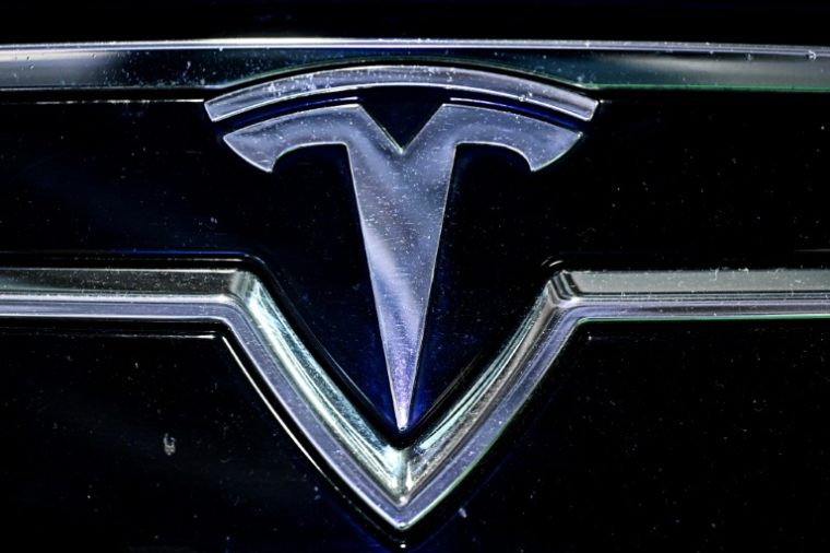 Un écusson Tesla, le 16 octobre 2024 à Paris porte de Versailles ( AFP / JULIEN DE ROSA )