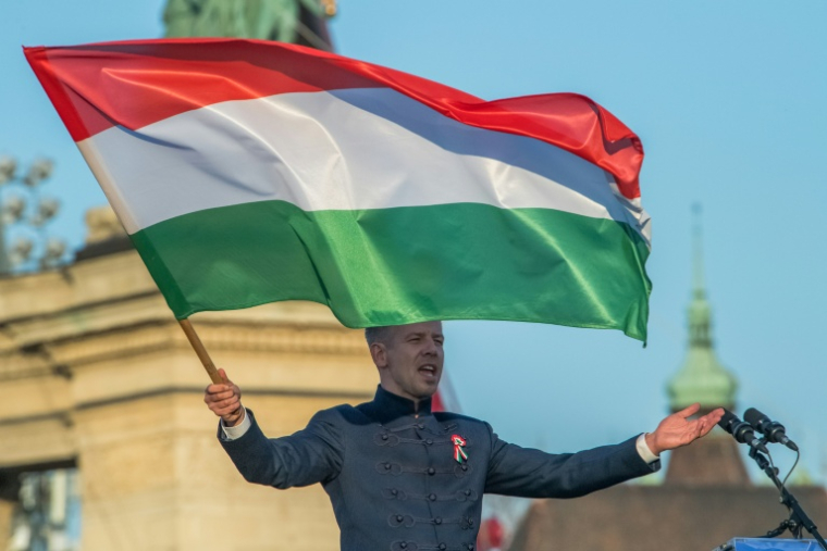 Le chef de l'opposition et président du parti Tisza, Peter Magyar, tient un drapeau hongrois lors d'un rassemblement électoral à Budapest, le 15 mars 2026 ( AFP / Ferenc ISZA )