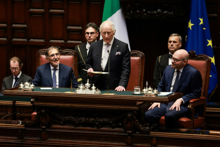 Le roi Charles III prononce un discours au Parlement italien, le 9 avril 2025 à Rome, lors d'une visite d'Etat en Italie ( POOL / Ian Vogler )