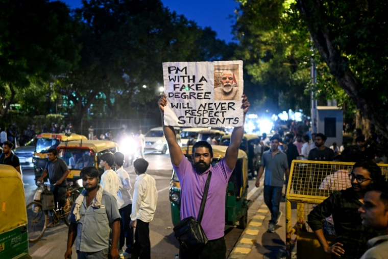 Un partisan du "Parti du peuple des cafards"(CJP) brandit une pancarte à Connaught Place, à New Delhi, le 24 juillet 2026 ( AFP / Sajjad HUSSAIN )
