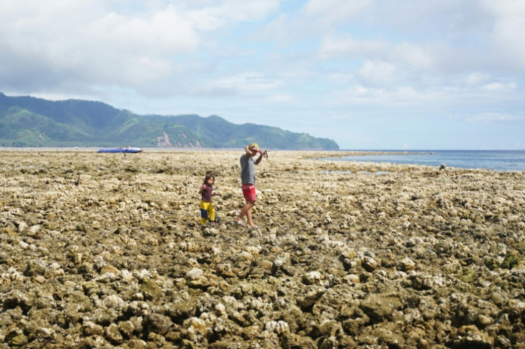Des personnes marchent sur des coraux remontés à la surface à la suite d'un soulèvement côtier provoqué par un tremblement de terre le long de la réserve marine de Pangyan, à Glan, dans la province de Sarangani, à Mindanao, aux Philippines, le 18 juin 2026 ( AFP / Ferdinandh Cabrera )