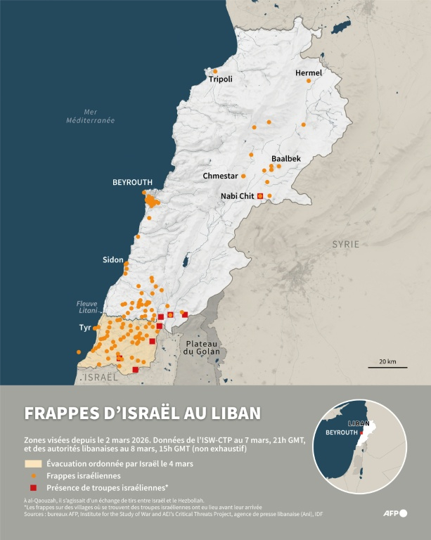 Carte du Liban montrant les zones bombardées par Israël depuis le 2 mars 2026, avec des données non exhaustives de l'ISW-CTP au 7 mars à 21h GMT et des autorités libanaises au 8 mars à 15h GMT, ainsi que la zone d'ordre d'évacuation ordonnée par Israël ( AFP / Laetitia COMMANAY )