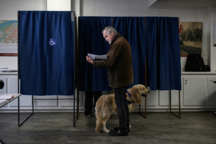 Un électeur et son chien devant un isoloir lors du premier tour des élections municipales, le 15 mars 2026 à Perpignan ( AFP / Ed JONES )