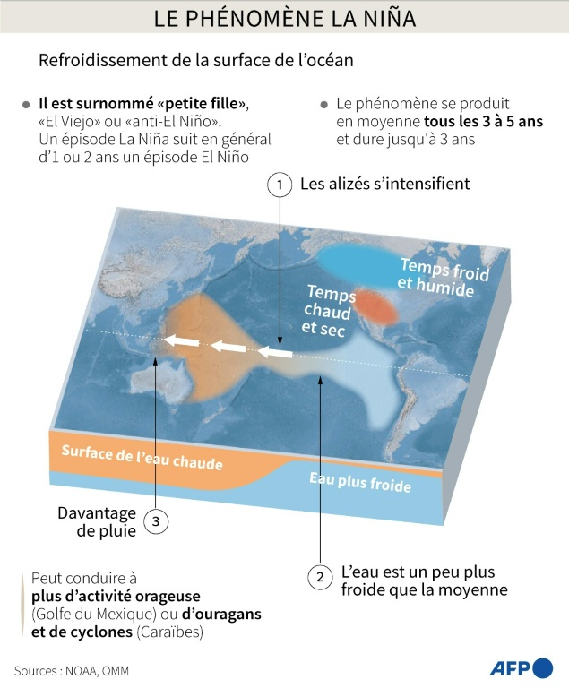 Graphique expliquant le phénomène La Niña, qui refroidit à grande échelle le centre et l'est du Pacifique équatorial ( AFP / Gal ROMA )