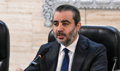 Le ministre syrien des Affaires étrangères, Asaad al-Chaibani s'exprime durant une visite du secrétaire général de l'ONU au palais Tishreen, à Damas, la capitale syrienne, le 25 juillet 2026 ( AFP / LOUAI BESHARA  )