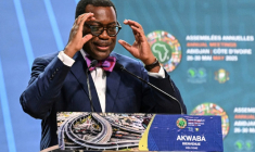 Akinwumi Adesina, président de la Banque africaine de développement (BAD), prononce un discours à Abidjan, le 27 mai 2025 ( AFP / Issouf SANOGO )