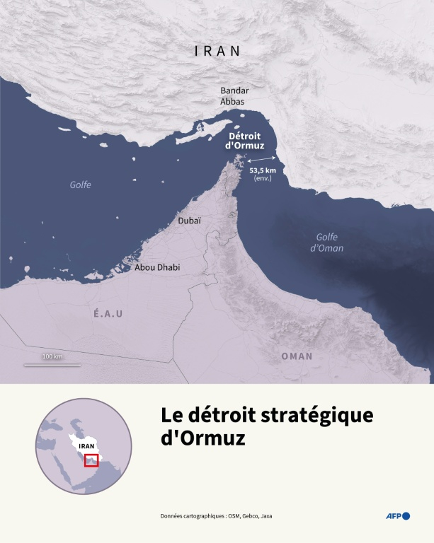 Carte du détroit d'Ormuz. Resserré et peu profond, il relie le Golfe au golfe d'Oman et constitue un point de passage clé pour le commerce mondial de pétrole ( AFP / Sylvie HUSSON )