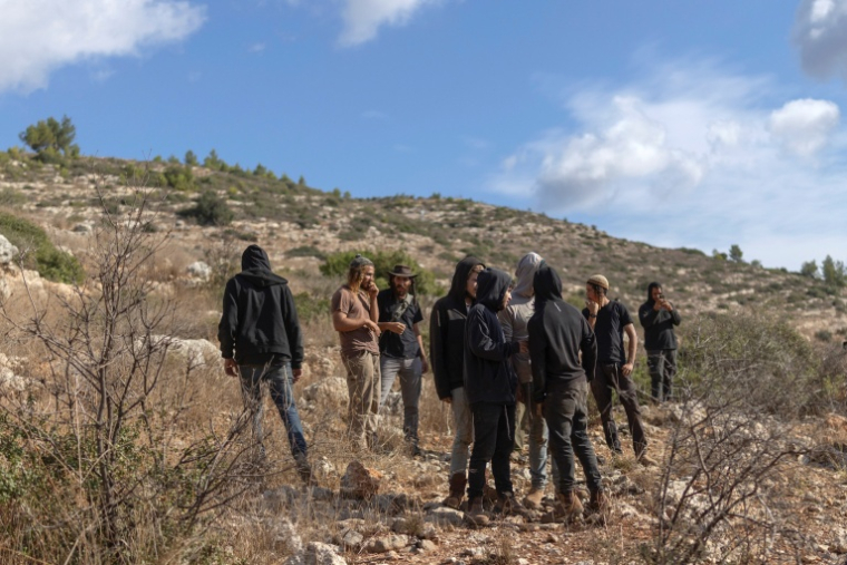 Des colons israéliens se rassemblent près d'un endroit où les Palestiniens  récoltent les olives dans le village de Cisjordanie occupée de Deir Abou Machal, le 19 octobre 2026 ( AFP / ilia YEFIMOVICH )