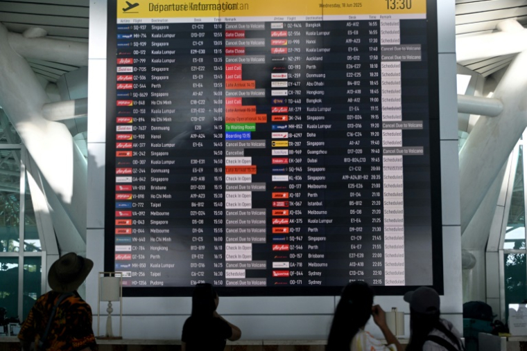 Des voyageurs consultent un tableau d'information affichant les vols annulés après l'éruption du mont Lewotobi Laki-Laki, à l'aéroport international Ngurah Rai de Tuban, près de Denpasar, sur l'île touristique de Bali, le 18 juin 2025 en Indonésie ( AFP / SONNY TUMBELAKA )