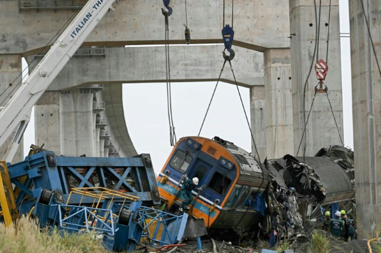 Des secouristes sur le site du déraillement d'un train provoqué par l'effondrement d'une grue de chantier dans la province de Nakhon Ratchasima, en Thaïlande, le 14 janvier 2026 ( AFP / Lillian SUWANRUMPHA )