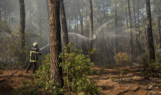 Un pompier lutte contre un incendie de forêt à Claouey, près de Lège-Cap-Ferret (Gironde), le 28 juillet 2026. ( AFP / ED JONES )