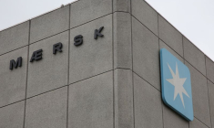 Vue de l'enseigne de A.P. Moller-Maersk à l'extérieur de ses bureaux à Copenhague