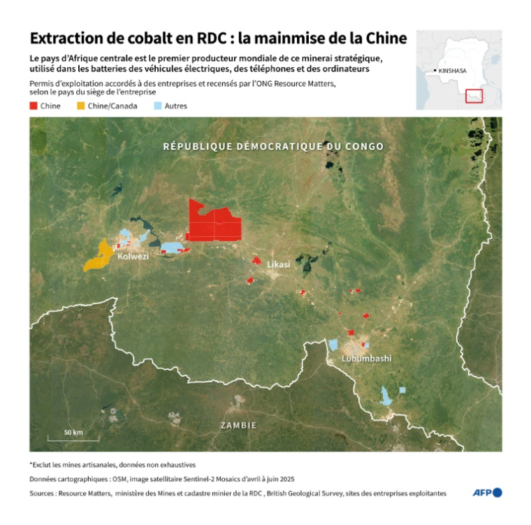 Carte des sites industriels d'exploitation du cobalt dans le sud-est de la République démocratique du Congo, selon le pays d'origine du principal exploitant de chaque mine ( AFP / Laëtitia COMMANAY )