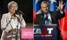 Montage photos du 11 décembre 2025 montrant la candidate de gauche à la présidentielle chilienne Jeannette Jara et son rival d’extrême droite José Antonio Kast  ( AFP / Eitan ABRAMOVICH )