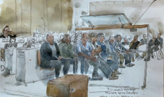 Croquis d'audience du 15 septembre 2026 montrant l'ouverture du procès de Rémy Daillet et des membres de son groupuscule d’ultradroite (premier rang) au tribunal de Paris ( AFP / Benoit PEYRUCQ )