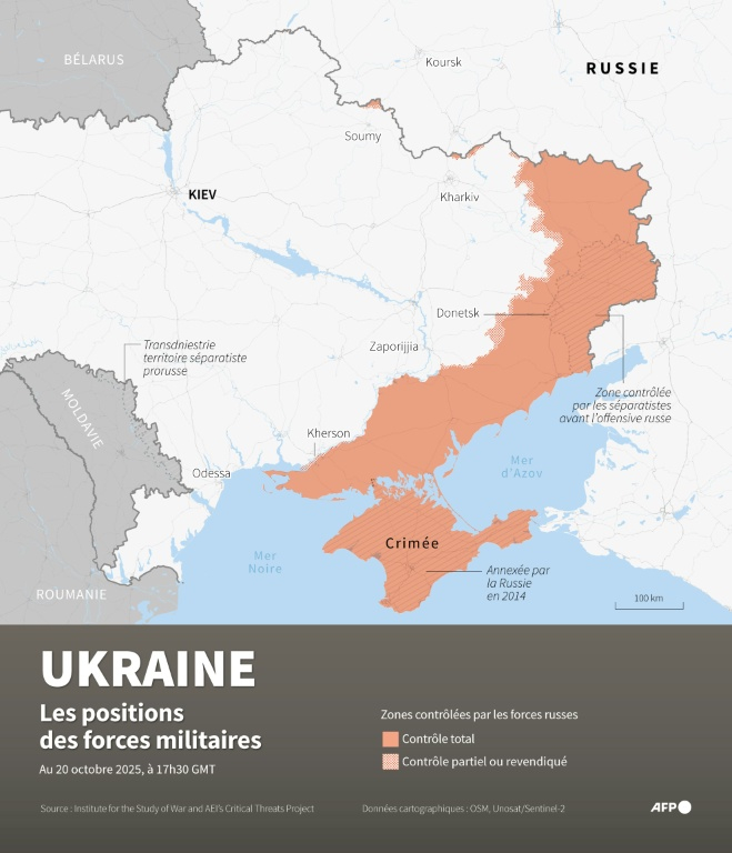 Carte des zones contrôlées par les forces russes en Ukraine, au 20 octobre 2025 à 17h30 GMT ( AFP / Valentina BRESCHI )