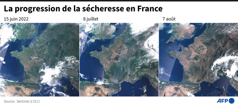 Images satellites montrant la France le 15 juin, le 8 juillet et le 7 août 2022 ( AFP / )