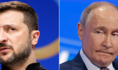 Combinaison de photos faite le 12 mai 2025 du président ukrainien Volodymyr Zelensky (à gauche, le 11 juin 2024 à Berlin) et de son homlogue russe Vladimir Poutine (le 18 mars 2025 à Moscou) ( AFP / Odd ANDERSEN )