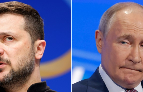 Combinaison de photos faite le 12 mai 2025 du président ukrainien Volodymyr Zelensky (à gauche, le 11 juin 2024 à Berlin) et de son homlogue russe Vladimir Poutine (le 18 mars 2025 à Moscou) ( AFP / Odd ANDERSEN )