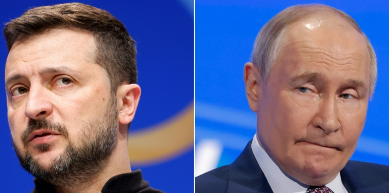Combinaison de photos faite le 12 mai 2025 du président ukrainien Volodymyr Zelensky (à gauche, le 11 juin 2024 à Berlin) et de son homlogue russe Vladimir Poutine (le 18 mars 2025 à Moscou) ( AFP / Odd ANDERSEN )