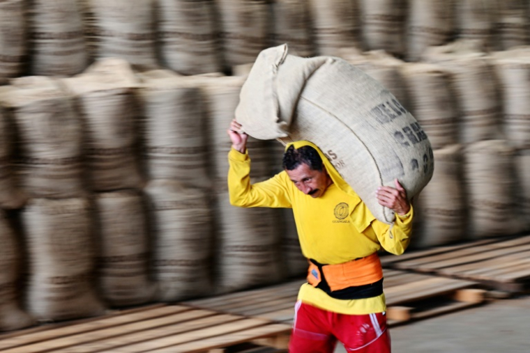 Un employé charge un sac de cacao dans un conteneur pour l'exportation, à Guayaquil, en Equateur, le 20 mai 2025 ( AFP / MARCOS PIN )