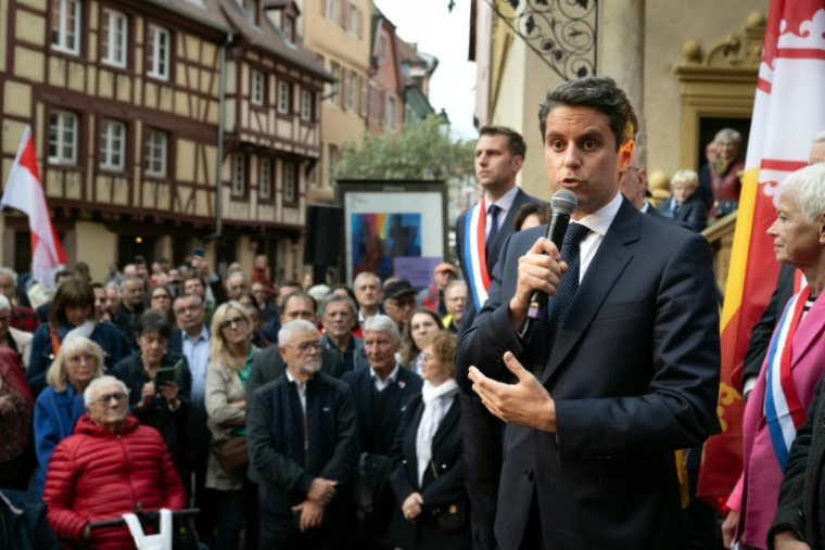 Gabriel Attal donne un discours, le 19 mai 2026 à Colmar (Haut-Rhin) ( AFP / SEBASTIEN BOZON )