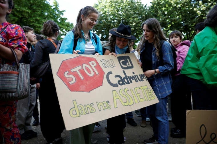 Des manifestants brandissent une pancarte sur laquelle on peut lire "Stop au cadmium dans nos assiettes" lors d'une manifestation aux côtés de députés, sur l'esplanade des Invalides à Paris, le 2 juin 2026 ( AFP / SIMON WOHLFAHRT )