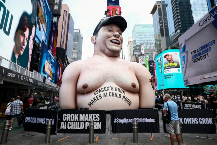 Une effigie gonflable d'Elon Musk lors d'une manifestation contre l'IA Grok, à New York, le 11 juin 2026 ( AFP / CHARLY TRIBALLEAU )