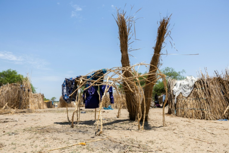 Construction d'un abri dans le camp de personnes déplacées à Yakoua, dans la province du lac Tchad, au Tchad, le 21 juin 2025 ( AFP / Joris Bolomey )